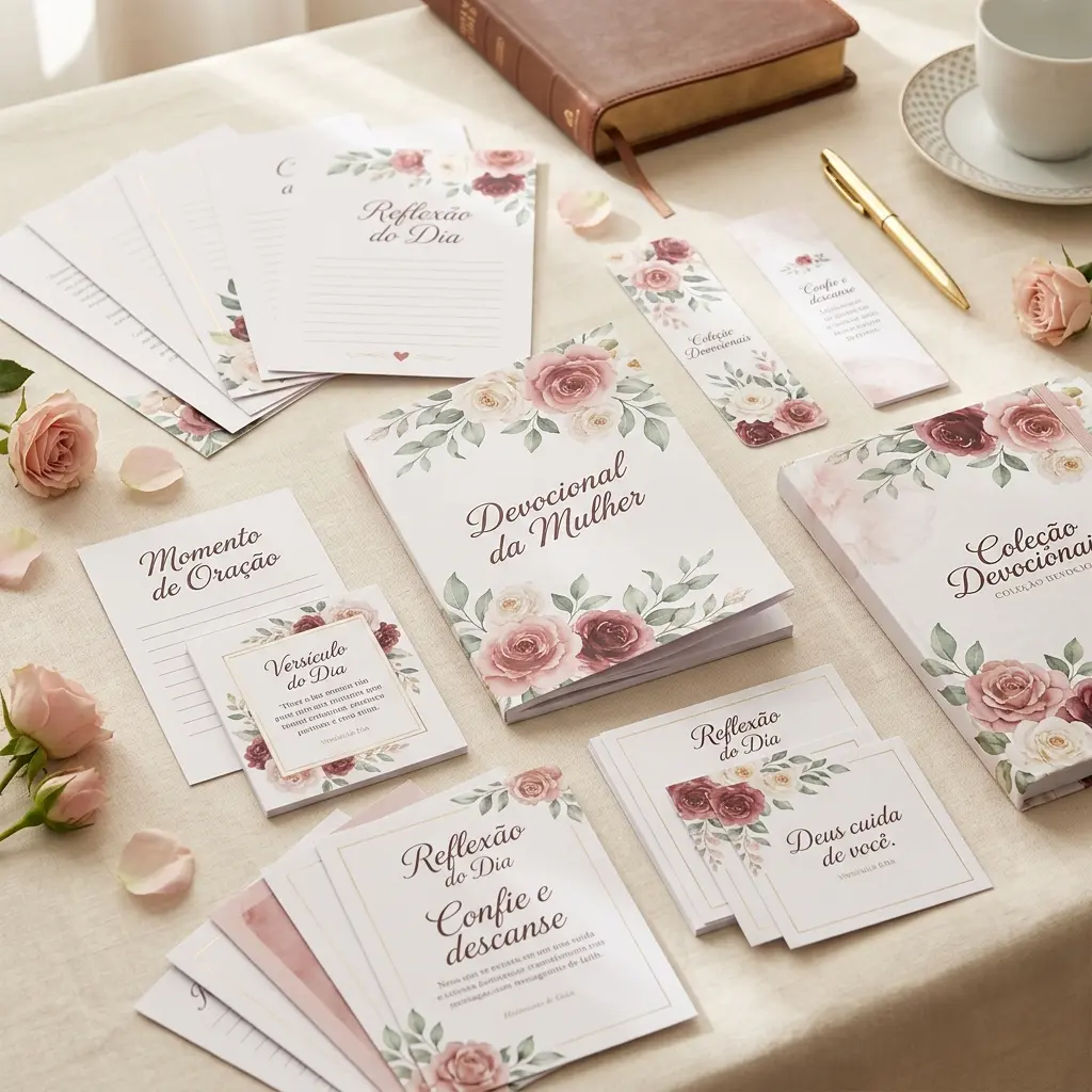 Materiais devocionais do kit: caderno 'Devocional da Mulher', cartões 'Reflexão do Dia', 'Momento de Oração' e 'Versículo do Dia' com flores em rosa e vinho