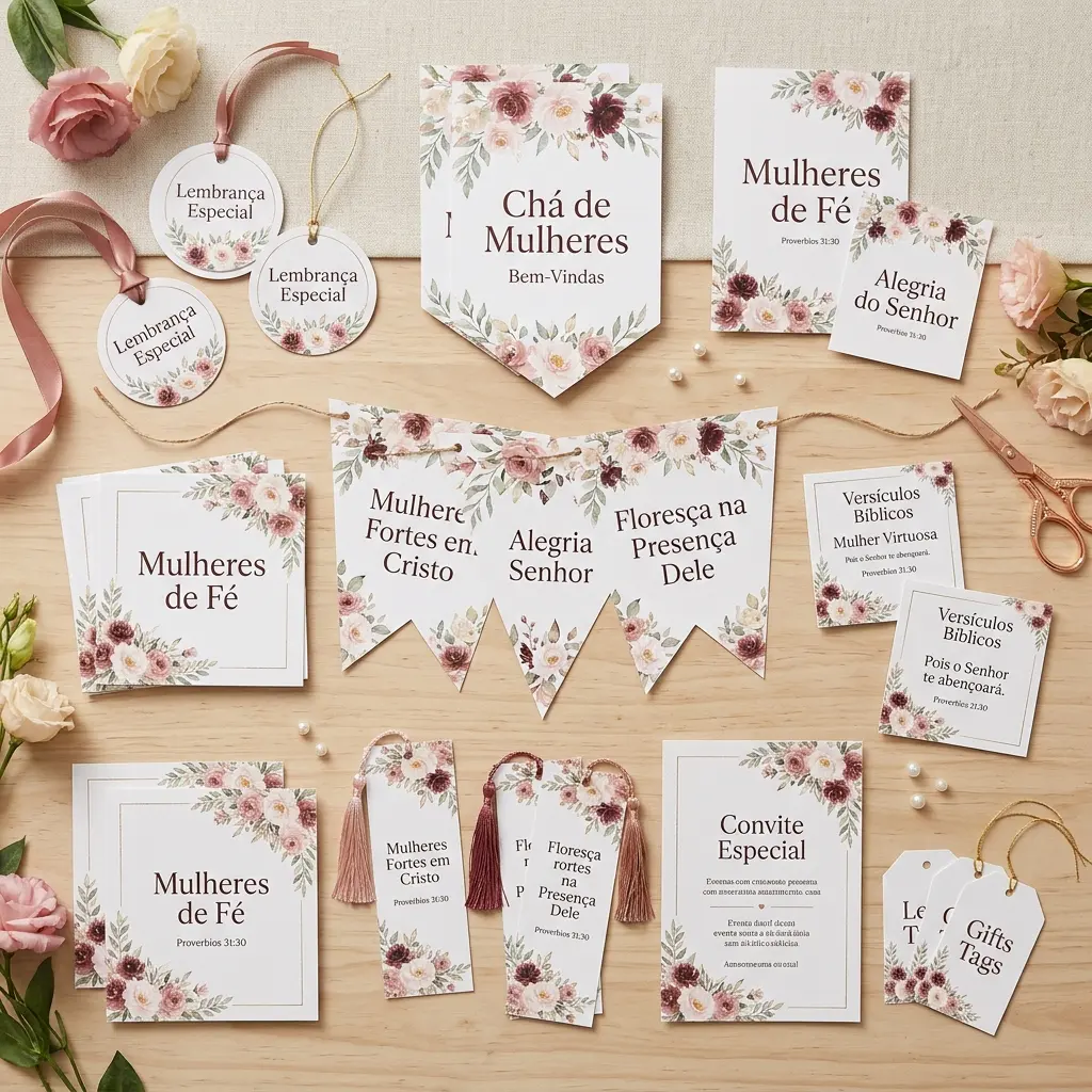 Kit de decoração e papelaria para chá de mulheres: bandeirolas, tags, convites, lembrancinhas e cartões com flores em rosa e vinho